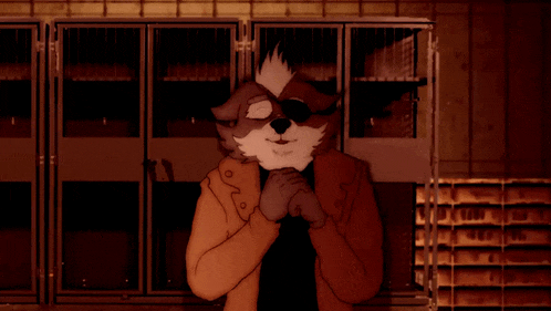 a cartoon of a fox wearing a tank top standing in front of a window