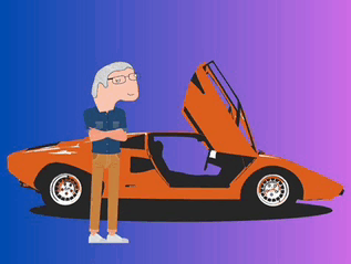 a cartoon of a man standing next to an orange sports car with the hood open