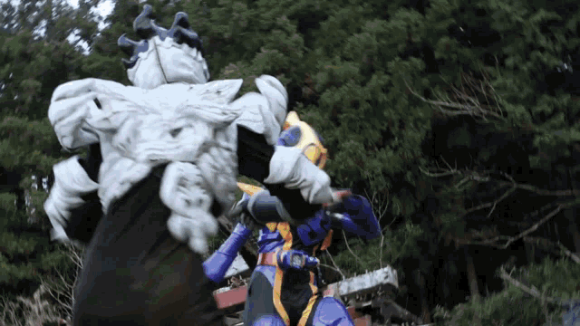 two cartoon characters are fighting in the woods