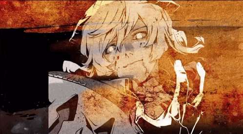 a drawing of a person with blood on their face and a skull in the background