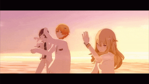 a group of anime characters are dancing on the beach