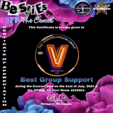 a certificate that says best group support during the concert