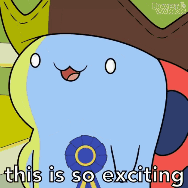 a cartoon character is holding a blue ribbon with the words this is so exciting below it