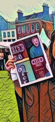 a painting of a person holding a book titled oko talks