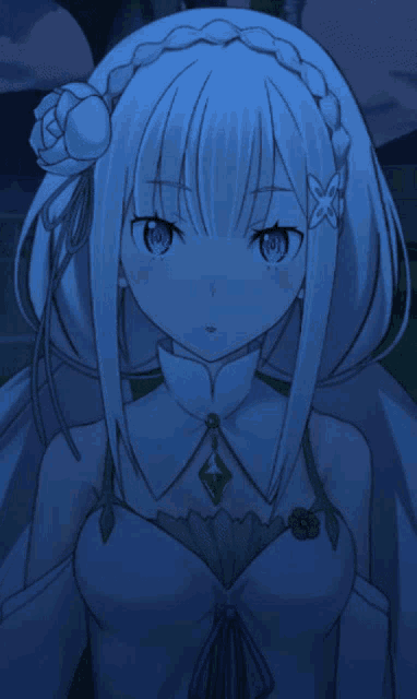 a drawing of a girl with a flower in her hair and blue eyes