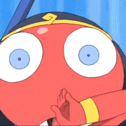a red cartoon character with blue eyes and a yellow bracelet