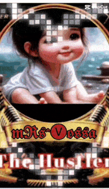 a picture of a baby in a gold frame with the words " the hustler " on the bottom