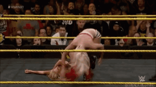 a woman is laying on the ground in a wrestling ring