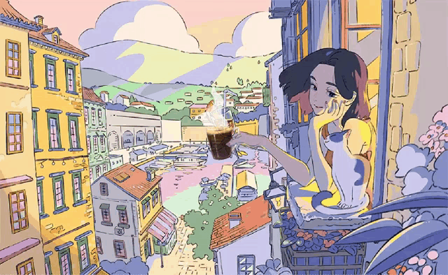 a cartoon of a woman holding a cup of coffee