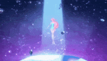a girl with pink hair and a blue shirt is floating in the air