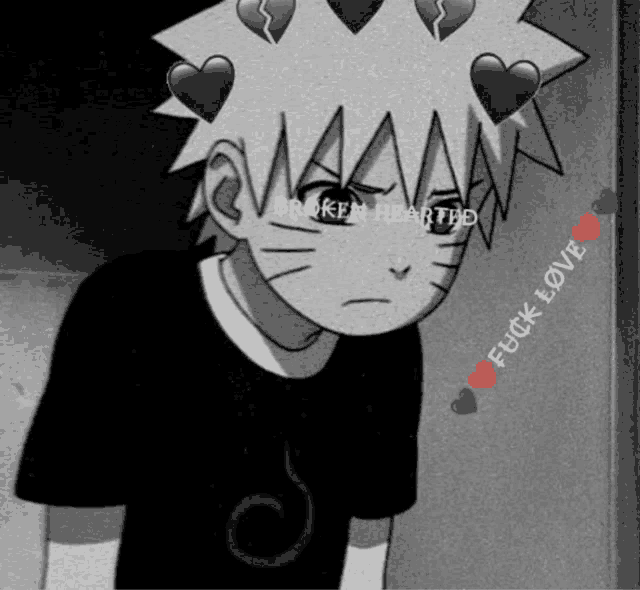 a black and white drawing of a boy with broken hearts on his head