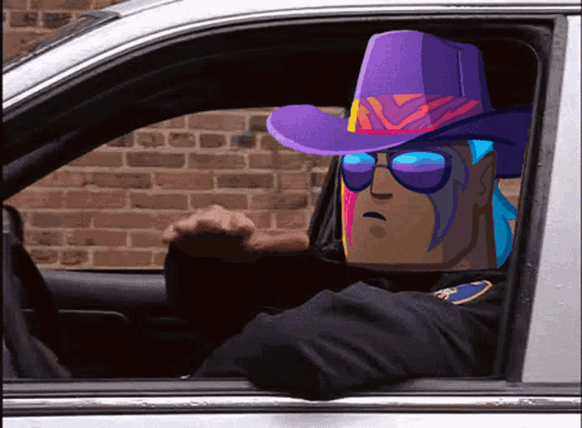 a cartoon character wearing a purple hat and sunglasses