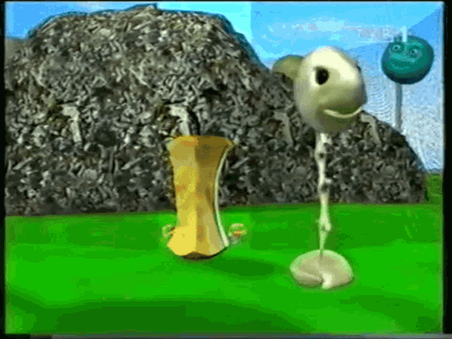 a cartoon of a skeleton and an apple peel on a green field