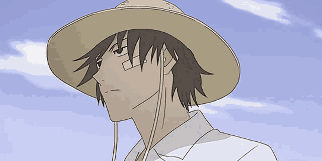a man wearing a straw hat has a bandage on his forehead
