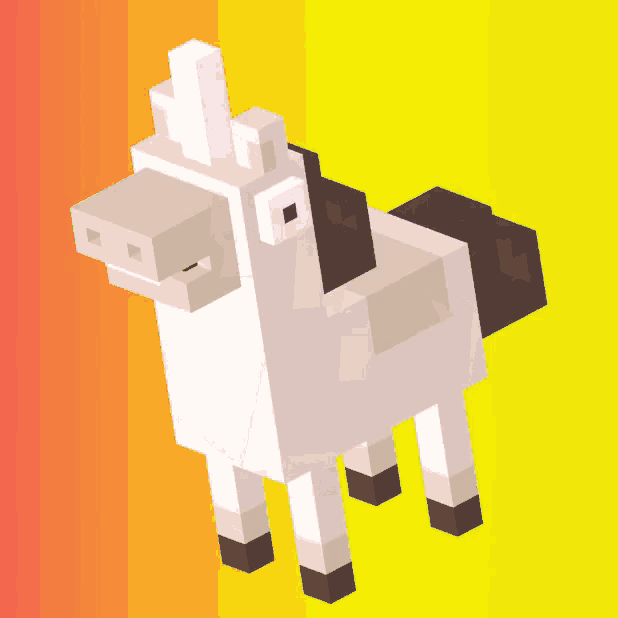 a pixelated unicorn with a white horn and brown tail