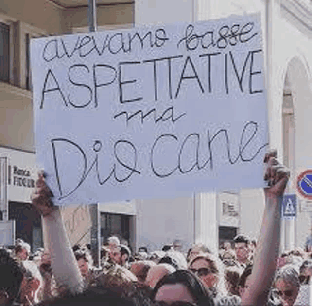 a group of people are holding up a sign that says `` avevamo fatte aspettative ma discane '' .