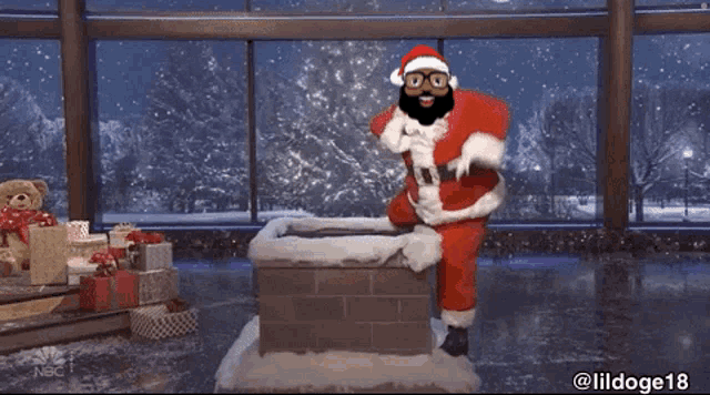 a cartoon of a man dressed as santa claus dancing in front of a fireplace
