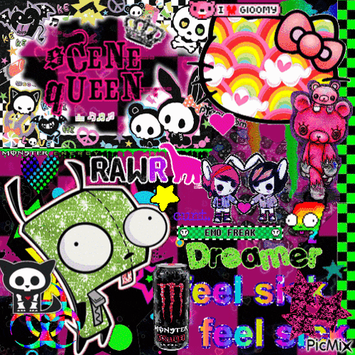 a picture of a scene queen with a monster energy drink in the foreground