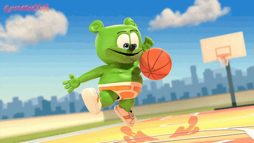 a gummy bear is holding a basketball on a basketball court with the word gummi on the bottom