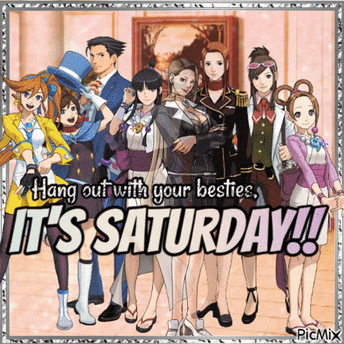 a group of anime characters standing next to each other with the caption " hang out with your besties it 's saturday !! "