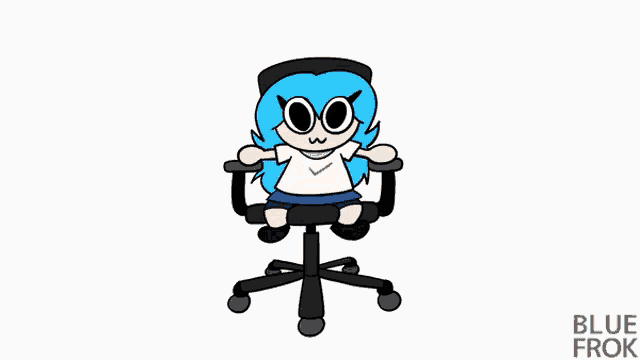 a cartoon girl with blue hair is sitting in a chair .