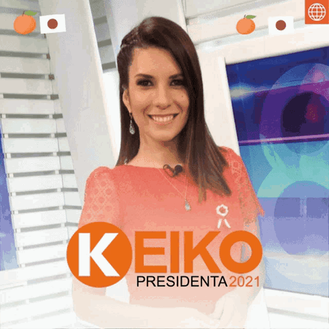 a woman is smiling in front of a sign that says keiko presidente 2021