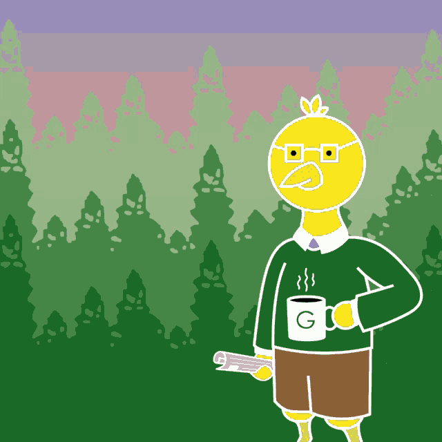 a cartoon of a duck holding a coffee cup with the letter g on it