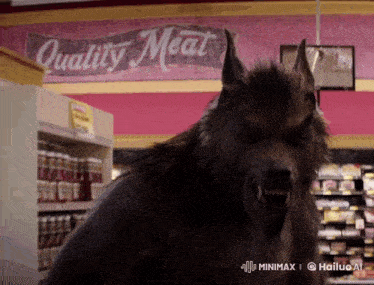 a werewolf is standing in front of a quality meat sign