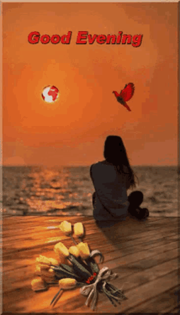 a woman sits on a dock with a bouquet of flowers and the words good evening written above her