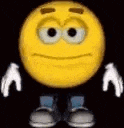 a yellow smiley face with white gloves and blue shoes is standing on a black background .