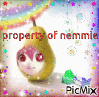 a picture of a pear with the words property of nemmie on the bottom