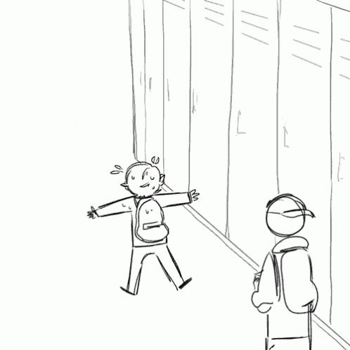 a black and white drawing of a boy with a backpack standing in front of lockers