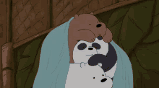a cartoon of three bears hugging each other under a blue blanket