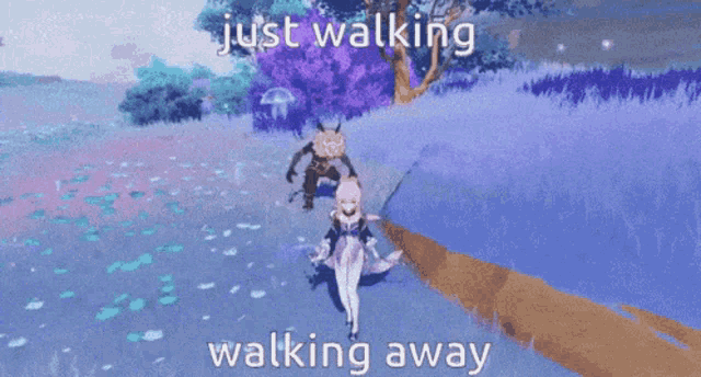 a video game character is walking down a path with the words just walking walking away below her