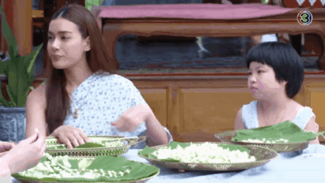a woman and a child are sitting at a table with plates of food .