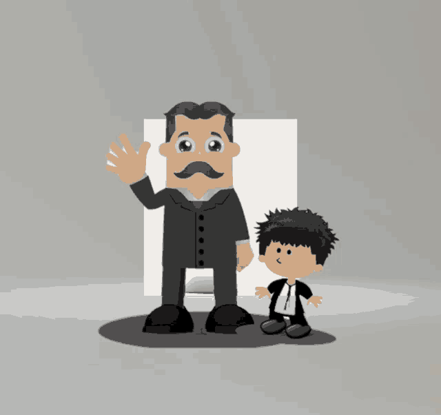 a man with a mustache stands next to a small boy