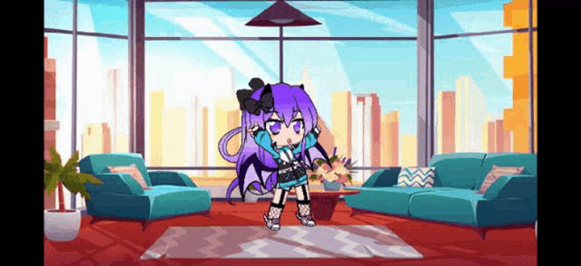 a cartoon girl with purple hair is standing in a living room holding flowers .