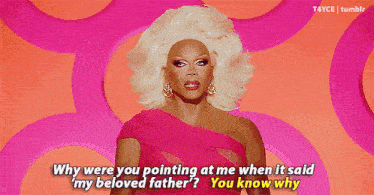 a woman in a pink dress says " why were you pointing at me when it said ' my beloved father ' "