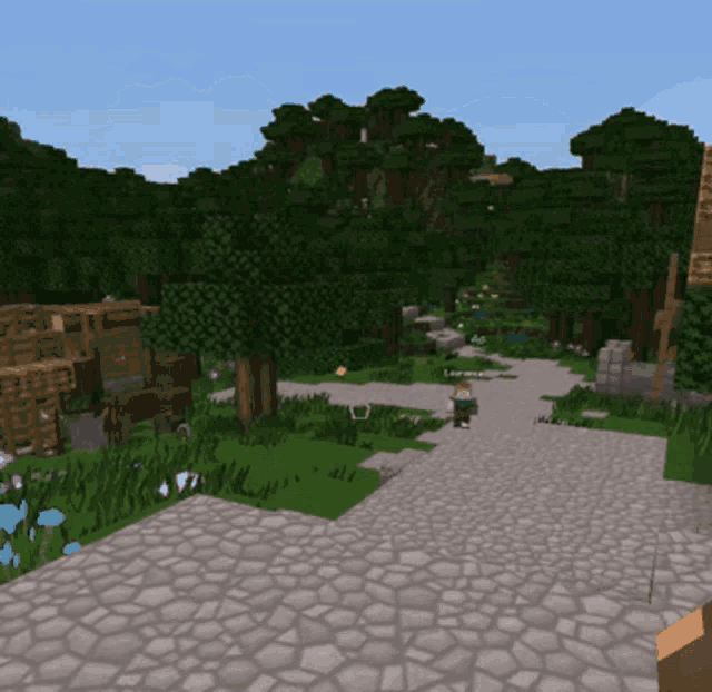 a screenshot of a minecraft game shows a man walking down a path surrounded by trees