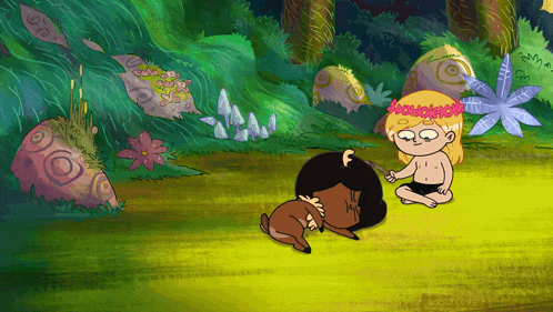 a cartoon of a girl with a flower crown on her head playing with a dog