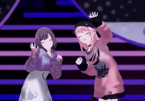 two anime girls are dancing on a stage with their hands in the air