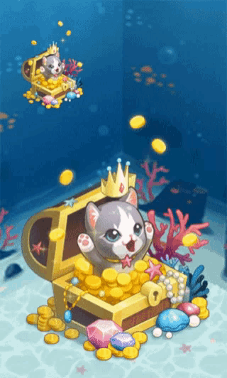 a cat wearing a crown is sitting inside of a treasure chest