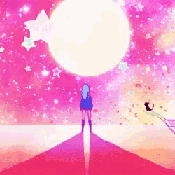 a girl stands in front of a full moon in a pink sky