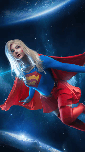a woman dressed as superman is flying through space