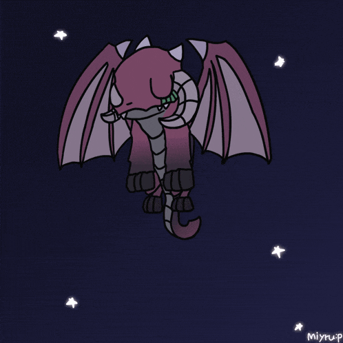 a drawing of a dragon flying in the night sky with the name miyrup at the bottom