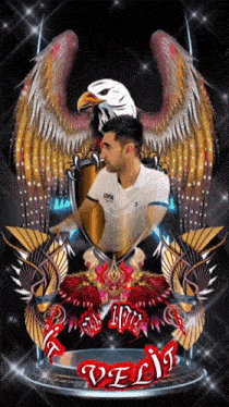 a man in a polo shirt stands in front of an eagle with the word veli on the bottom