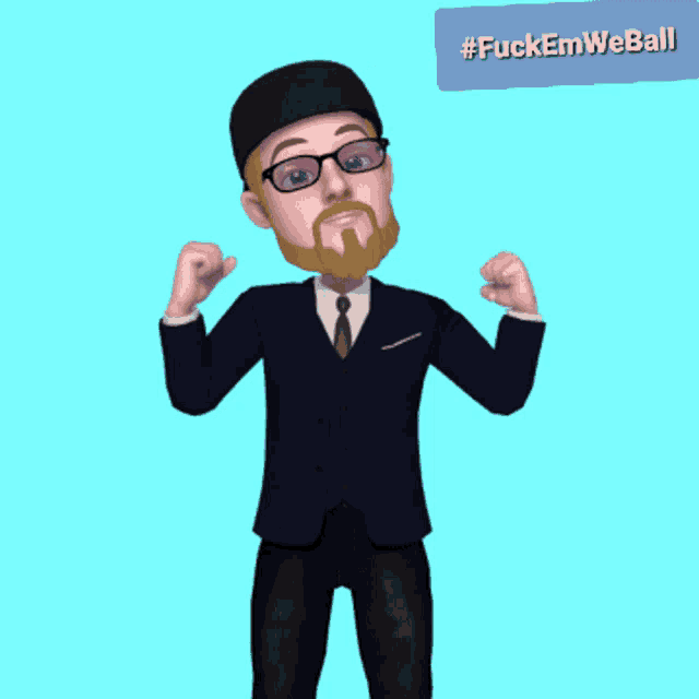 a cartoon of a man in a suit and tie with a speech bubble that says #fuckemweball on it