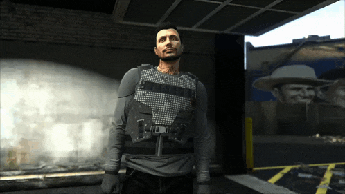 a man wearing a bullet proof vest stands in front of a brick wall