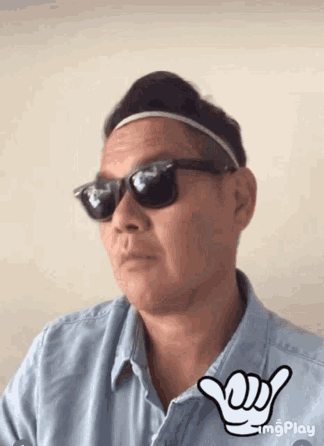 a man wearing sunglasses and a headband has a hand drawn thumbs up