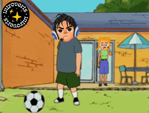 a cartoon of a boy wearing headphones and a soccer ball with the words introverts surrounding him